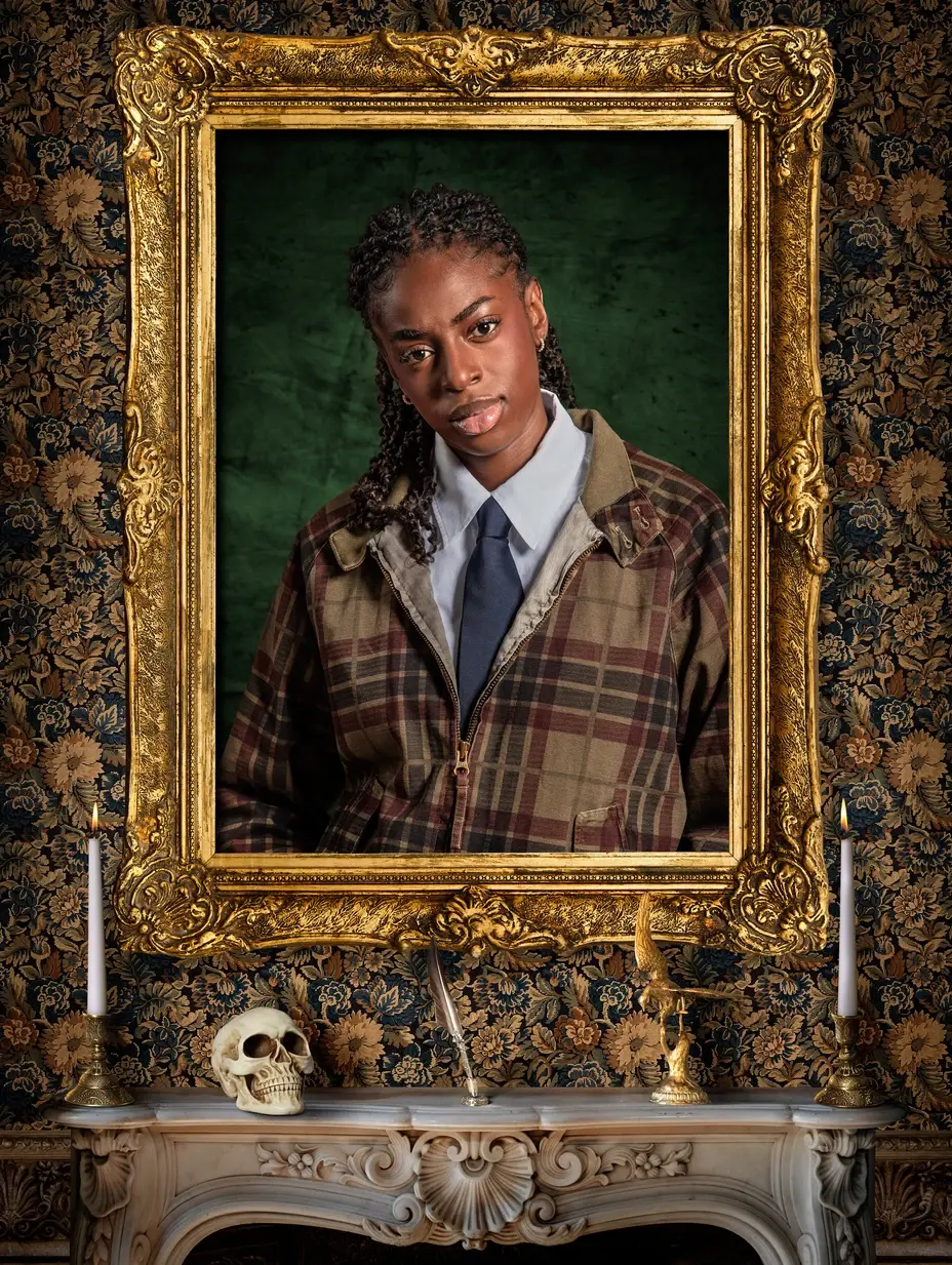 Cat Burns person in a plaid jacket and tie is framed in an ornate gold frame against green background. A skull and candles are on the mantle below.