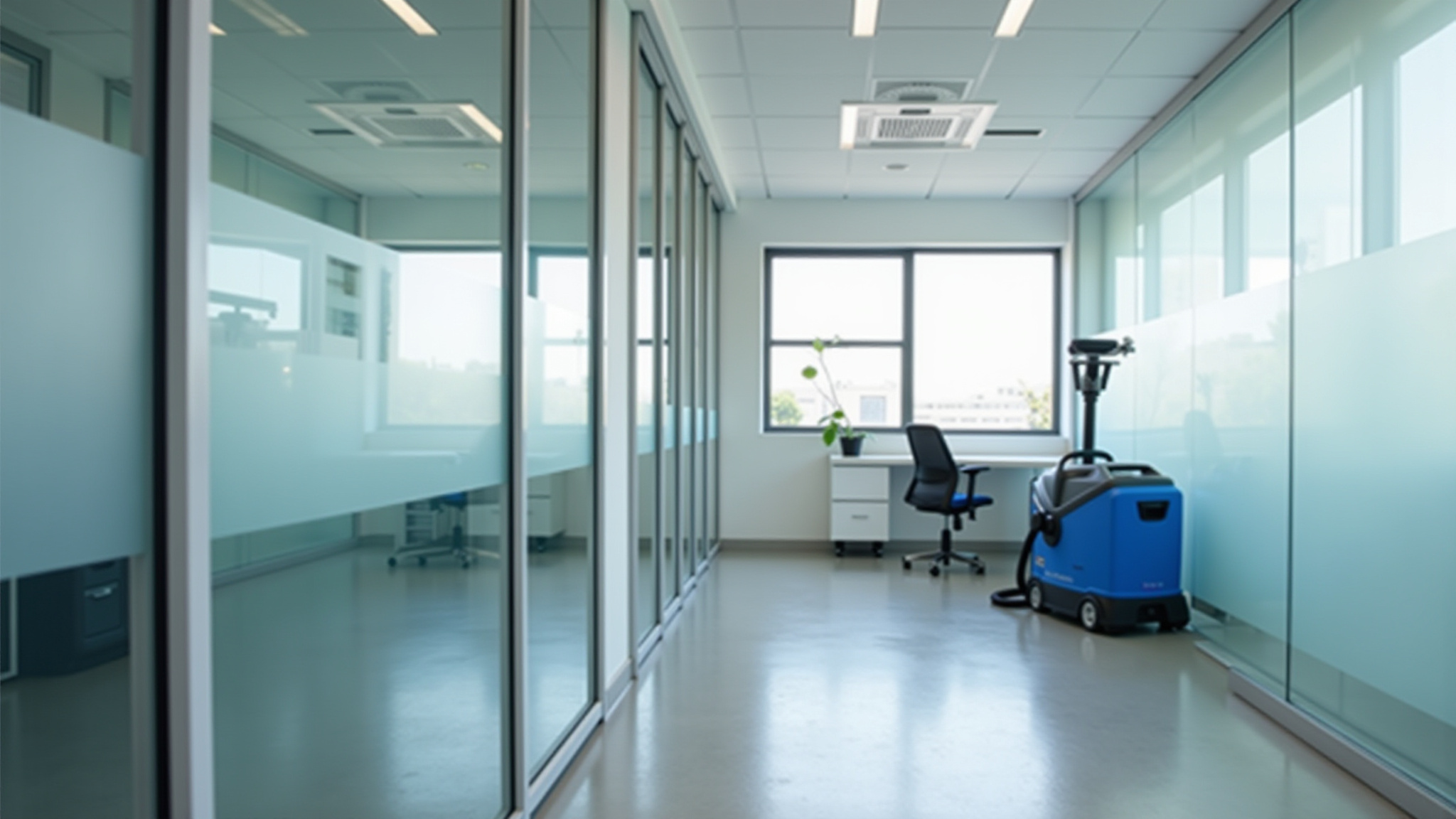 un bureau avec des vitres en guise de mur