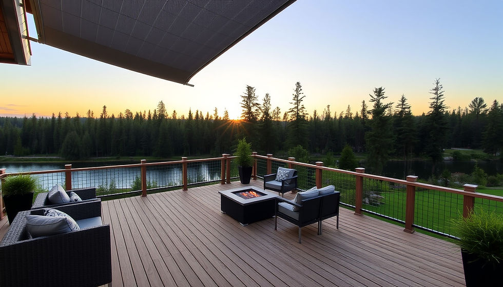 Eye-level view of a modern retractable awning shading a wooden patio