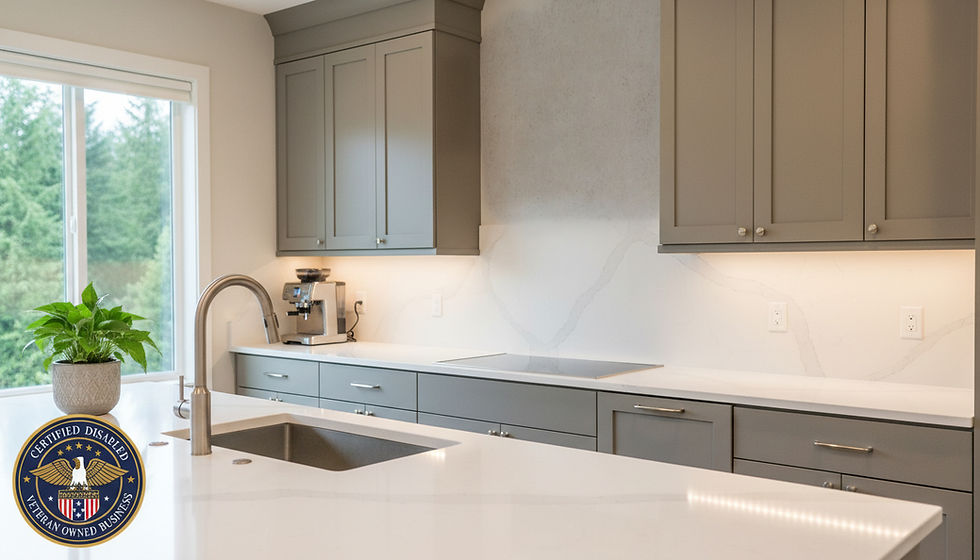 Eye-level view of modern kitchen cabinets and countertops