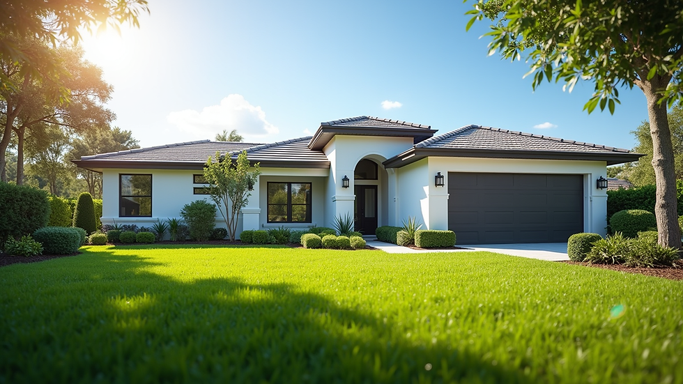 Eye-level view of a modern single-family home with a manicured lawn in Lakewood Ranch