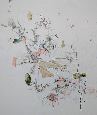 This i s a photograph of an abstract piece of art. There are drawn elements and coloured pencil and bits of text which cannot be fully read as paint has been spread across