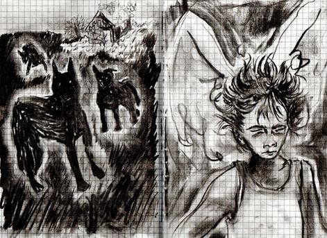 These are two pages from a sketchbook. There are dogs on the left side and a winged figure on the right
