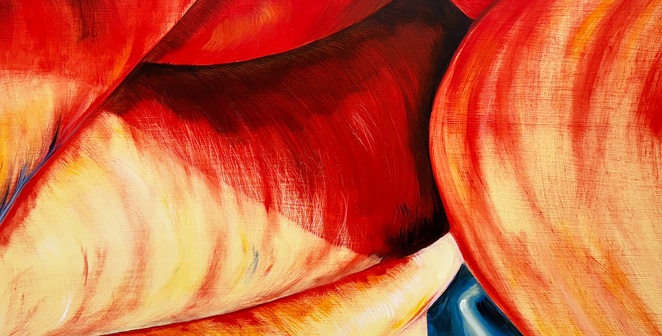 This is a abstract painting of a human body. It is painting in red oil and has parts worked into. There is a high contrast between lights and darks