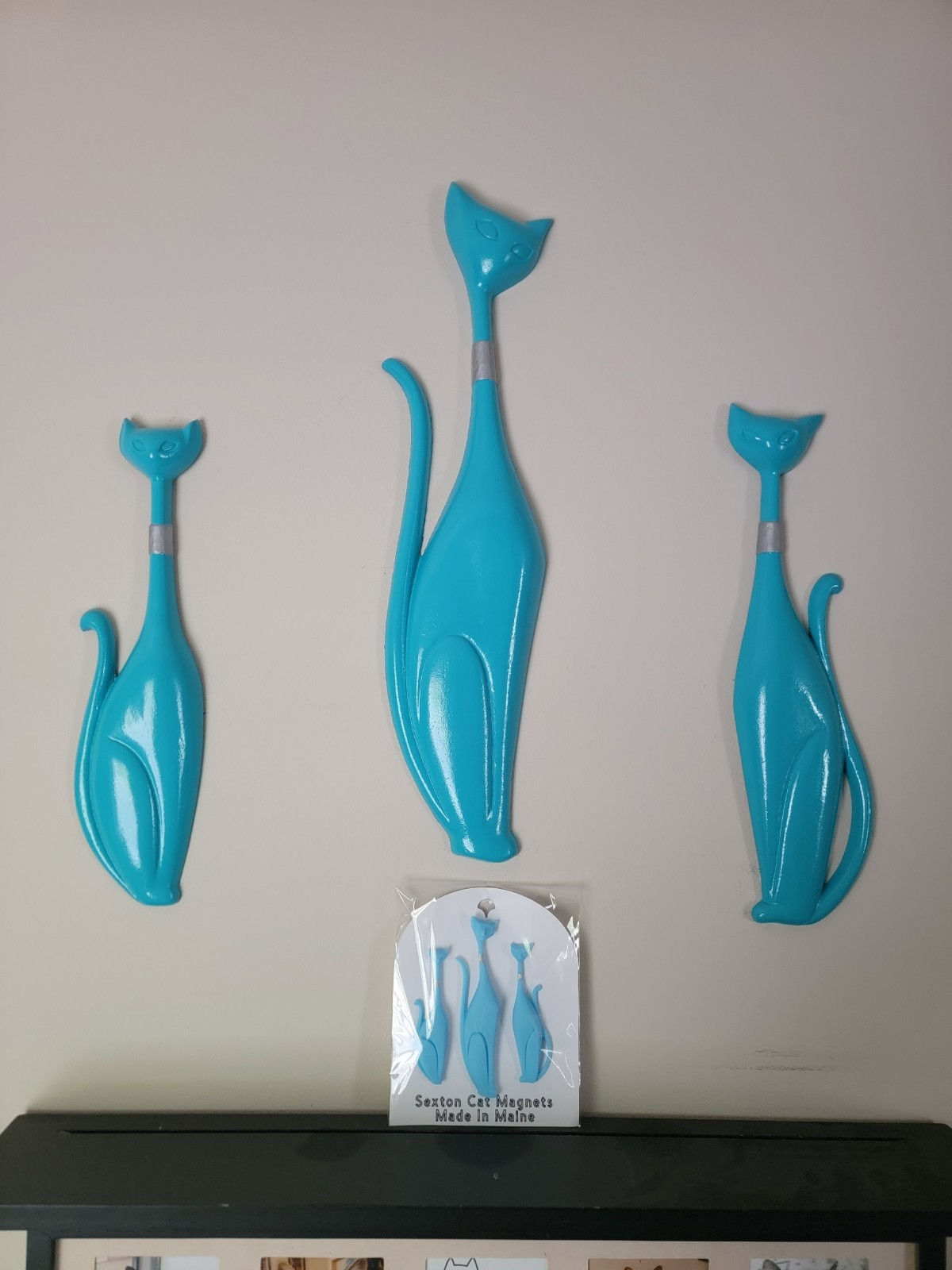 Vintage MCM Sexton Cats Restored Set of 3 - Blue & Silver - w/ Matching Magnets!