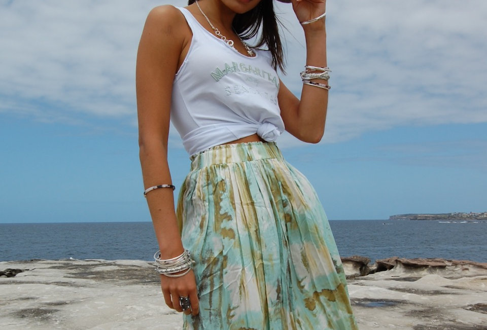 Cute blue & green tie dye style midi skirt Elastic waist Easy Comfy fit Lightweight 100% Polyester REFUGE