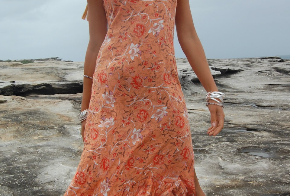 Cute tangerine coloured boho patterned maxi dress Circle neckline Low cross over back Ajustable tie straps Light weight fabr