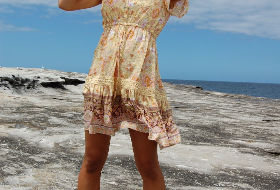 Cute boho yellow patterned mini dress MIni dress Draw string waist V neck Wooden buttons at front Cap sleeve 100% Rayon Lac