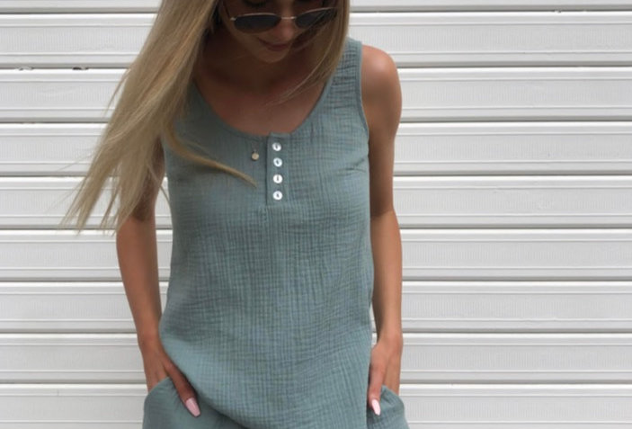 Cute sage colour set Round neckline with buttons Linen Draw string in shorts 100% Linen Cold Delicate Machine Wash