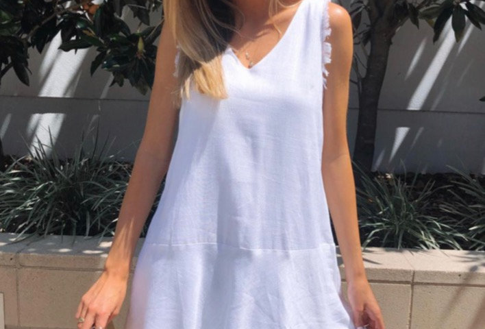 Cute linen white dress V neck line A line Freying at bottom & arm holes Linen Lined