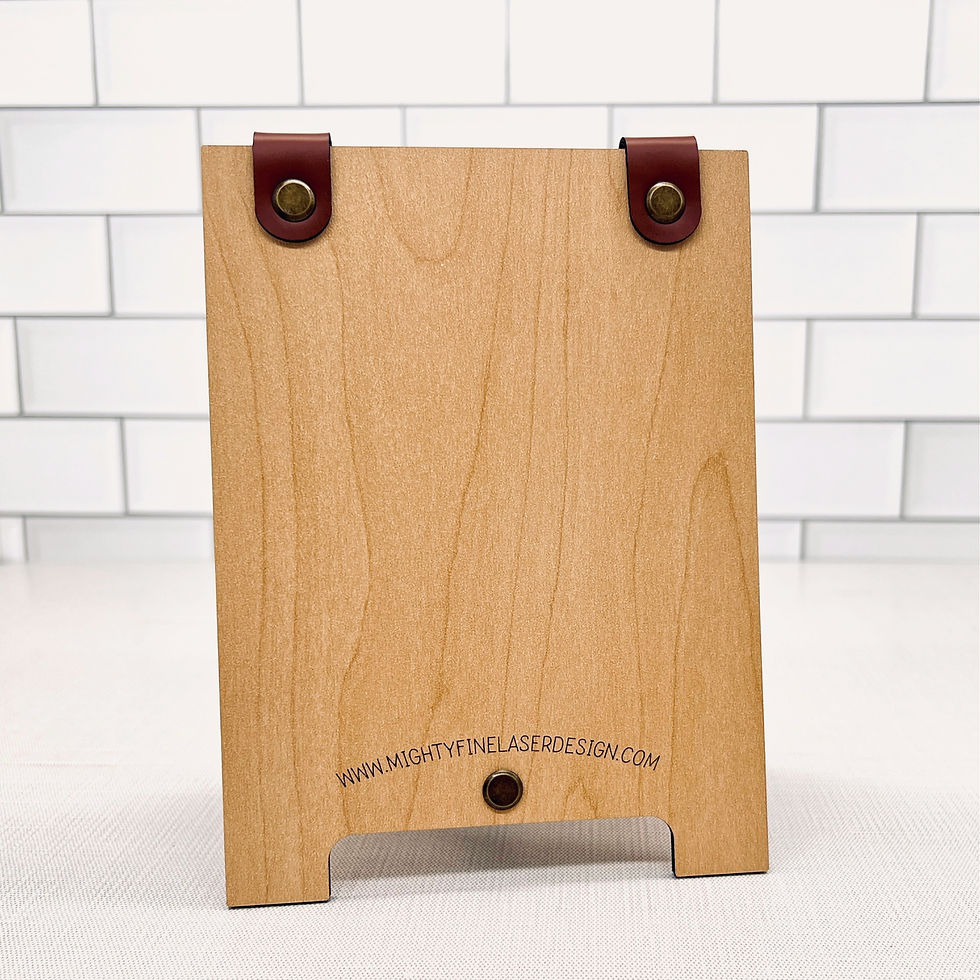 Wooden scan for menu sign with leather strap accents.