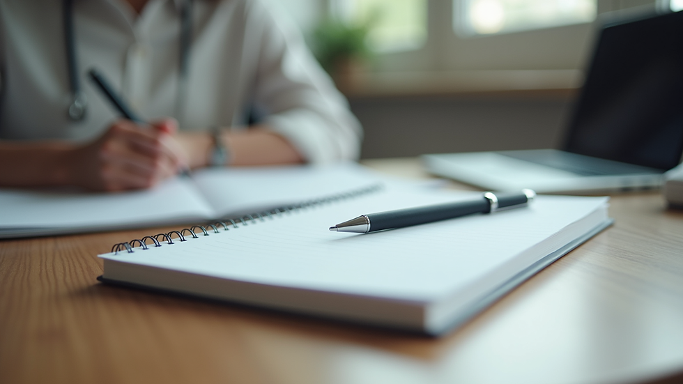 Close-up view of a notebook and pen on a therapist's desk