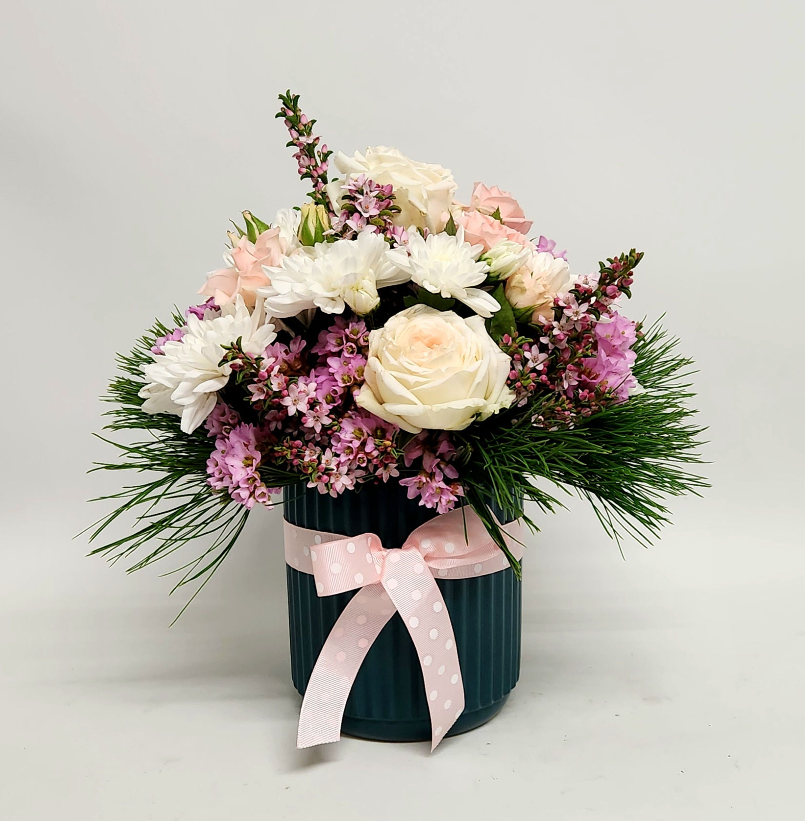 Robyn Pastel Pot, Rose & Chrysanthemum Arrangement