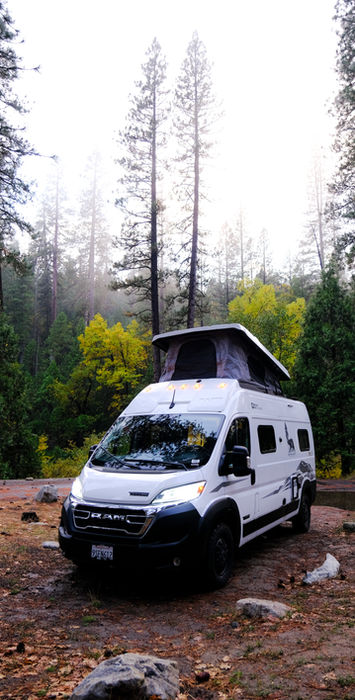 White camper van parked in a forest campsite