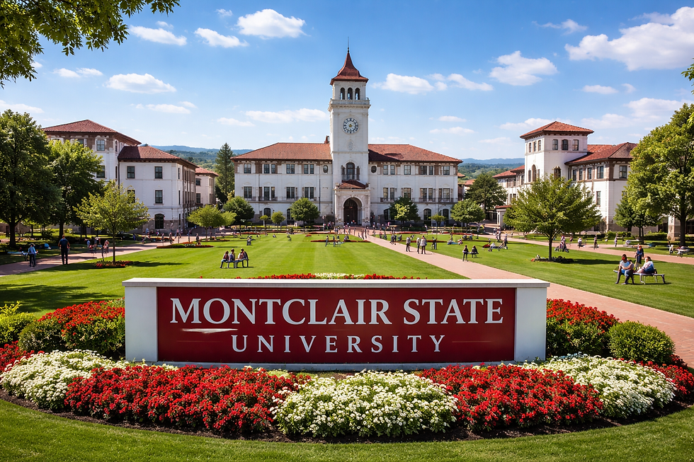 University campus with a clock tower, red-roofed buildings, and green lawns. "Montclair State University" sign in foreground, blue sky above.