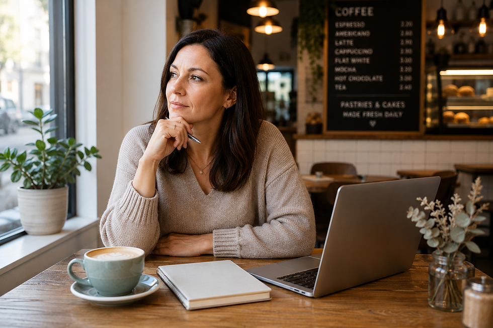 Business owner reflecting on a to-do list while working from a desk with a laptop and notebook.