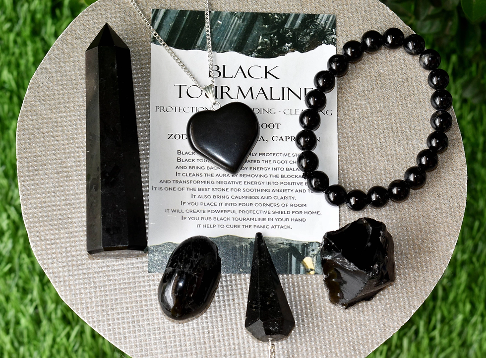Thumbnail: black crystal set plate tower palm stone bracelet necklace pendulum