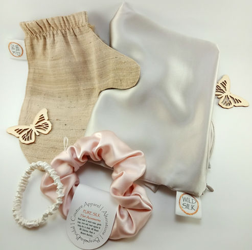 Wild Silk pillowcase, Scrunchie, Skin polisher Mitt