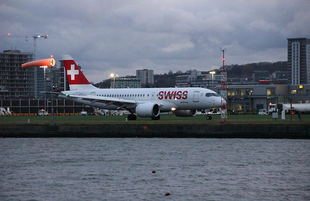 Swiss Airlines at London City Airport waiting to take off