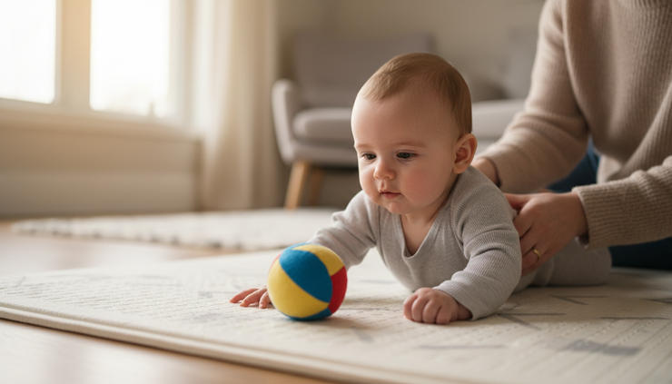 Close-up view of a baby reaching for a soft toy while lying on the stomach.