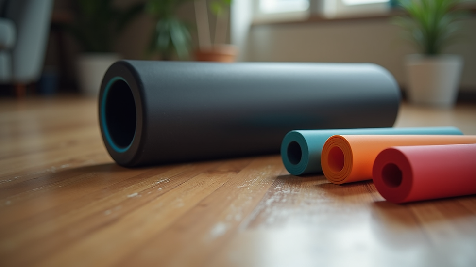 Close-up view of resistance bands and foam roller on a wooden floor