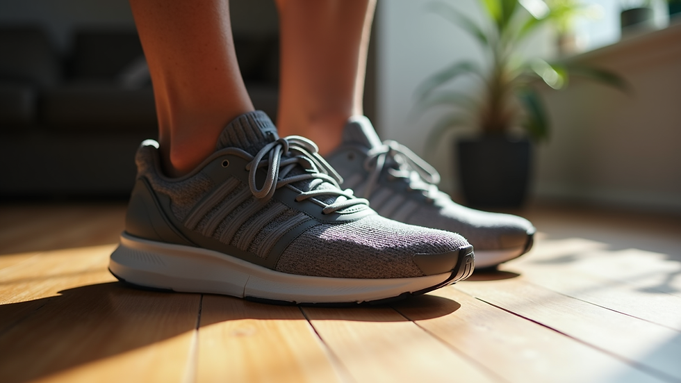 Close-up view of supportive athletic shoes on a wooden floor
