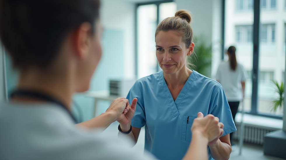 Eye-level view of a physiotherapist guiding a patient through cardiovascular exercise
