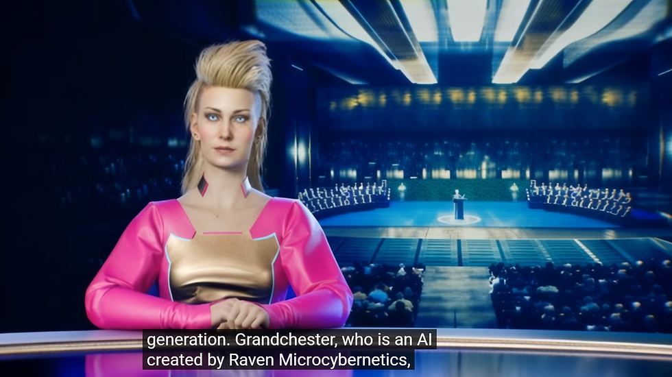 A female news anchor with styled hair in pink and gold attire sits at a desk in front of a screen displaying a futuristic auditorium with an audience and a speaker on stage. Captions read: "Granchester, who is an AI created by Raven Microcybernetics..."