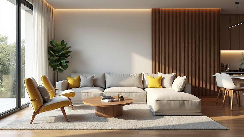 Eye-level view of a finished living room with modern design and natural light