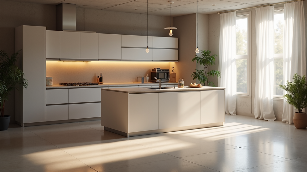 Eye-level view of a modern kitchen renovation with sleek cabinetry and lighting