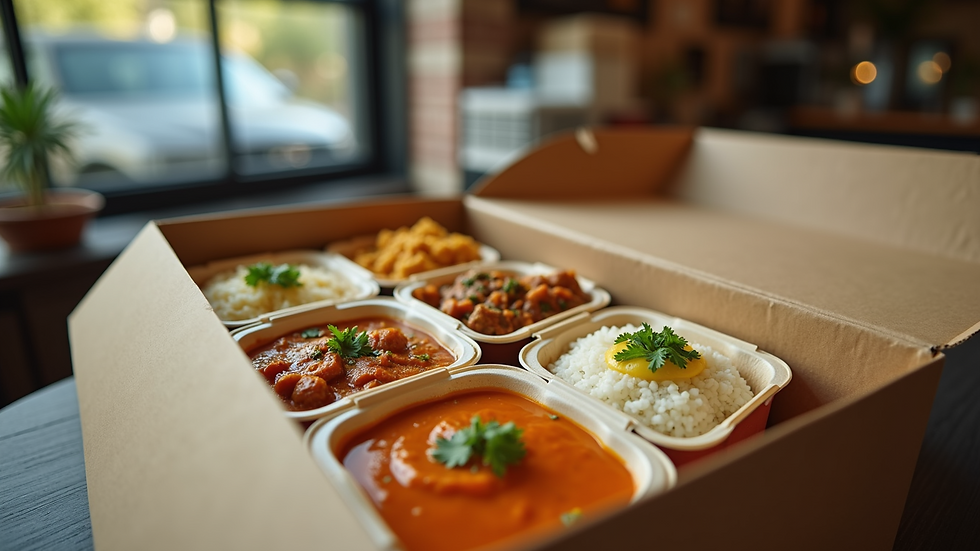 Eye-level view of a delivery box with Indian meal containers neatly packed