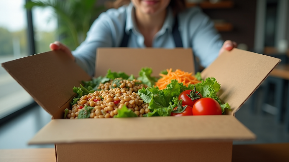 Eye-level view of a delivery box with fresh vegetarian meals inside