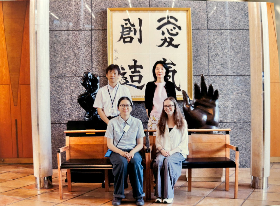Winning students Beth and Jingwen with their tutors at Shima Seiki headquarters in Wakayama, Japan