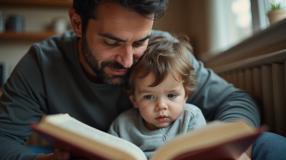 Eye-level view of a father reading a book to his child