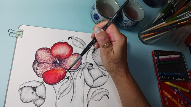 Painting a poppy flower with vibrant red Neocolor II