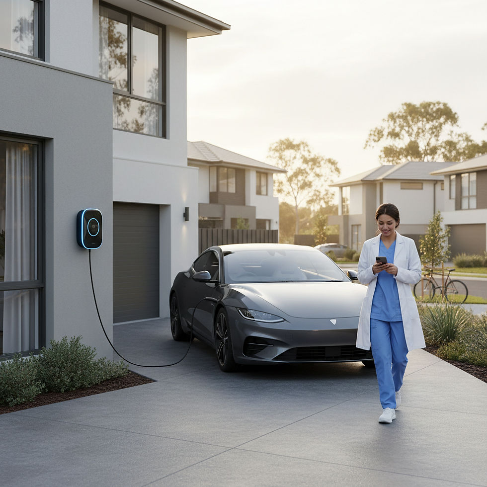 Woman in scrubs near electric car to book secure parking online.