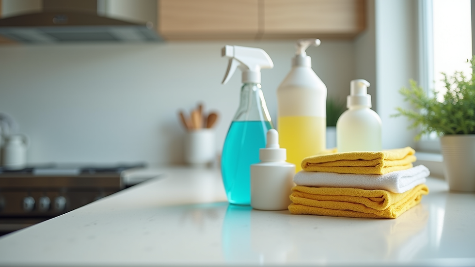 Close-up view of cleaning supplies on a countertop