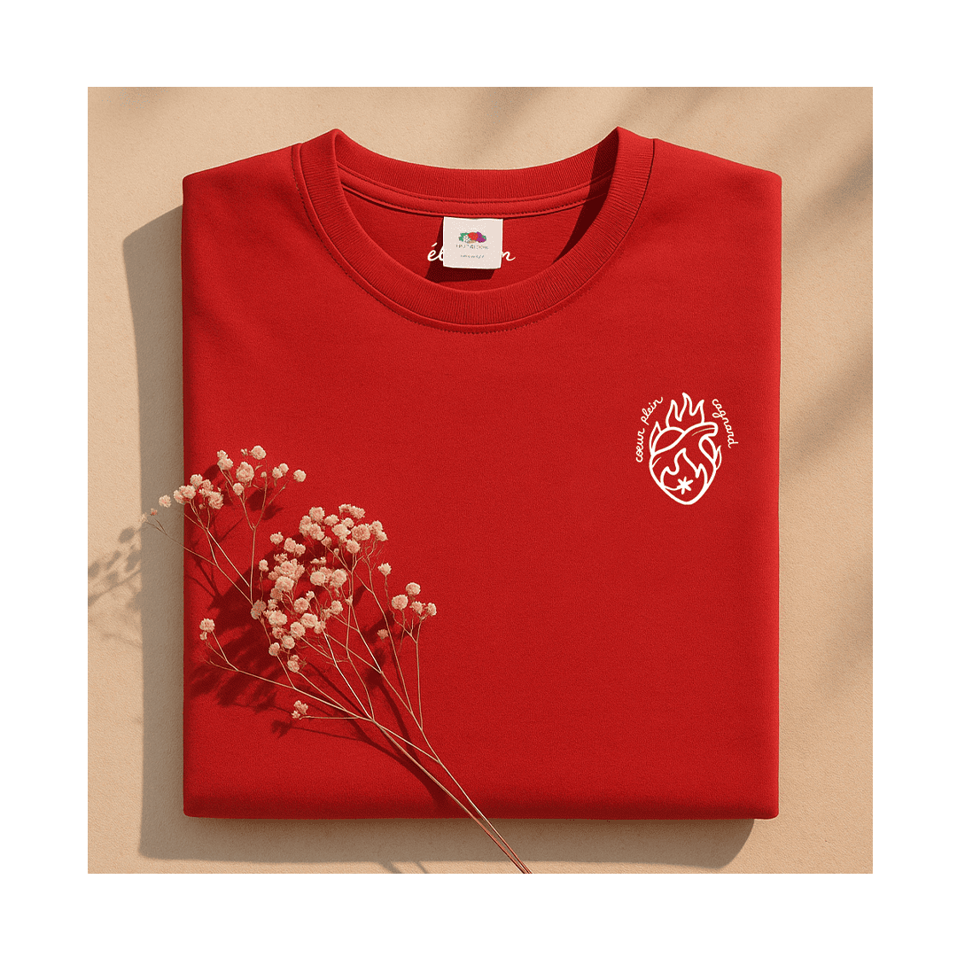 T-shirt rouge cœur plein cagnard de la marque Éliadon.