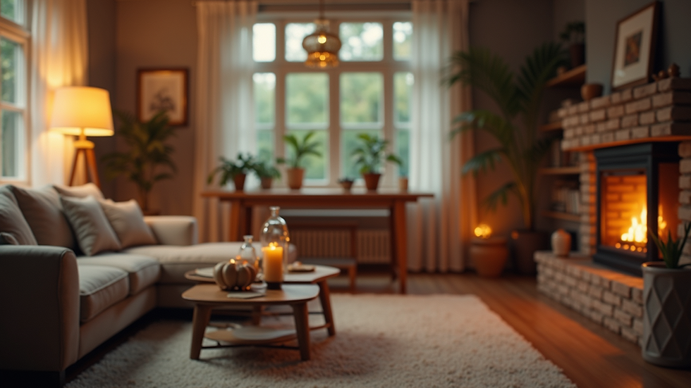 Eye-level view of a cozy living room with a warm ambiance