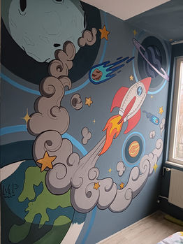 muurschildering van de ruimte, space, raket, de maan saturnus, jupiter, glitter sterren en kometen