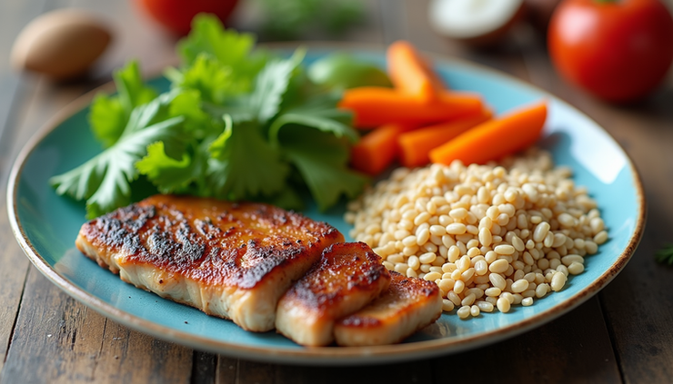 Eye-level view of a balanced plate with protein, vegetables, and wholegrain carbs