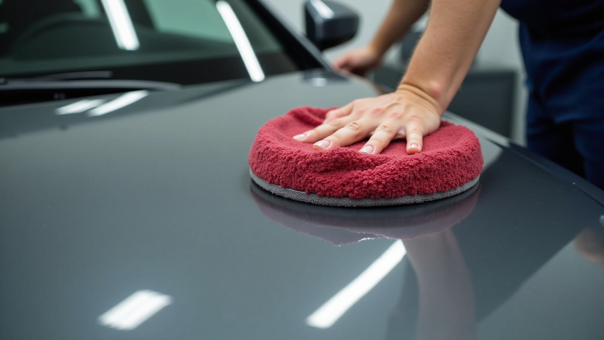 Hand polishing a gray car's hood