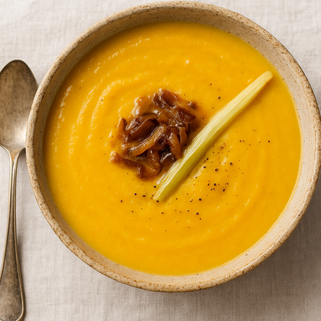 Rezepter vun der Woch: Velouté de potimarron, Gratin de pommes de terre, fenouil et oignons caramélisés, Salade d’endives, pommes et fanes de carottes & Curry de carottes
