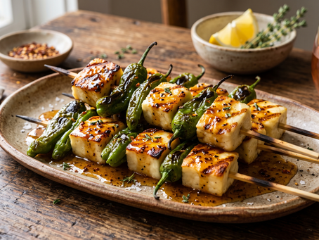 Rezepter vun der Woch: Brochettes de Halloumi et Shishito, Curry de betteraves, aubergines et carottes, Nouilles sautées, Salade fraîche de pommes de terre tièdes et concombres à l'aneth