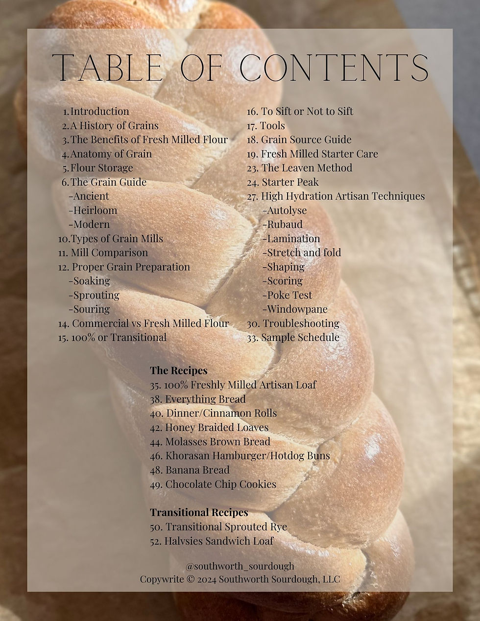 Fresh milled braided loaf behind the table of contents