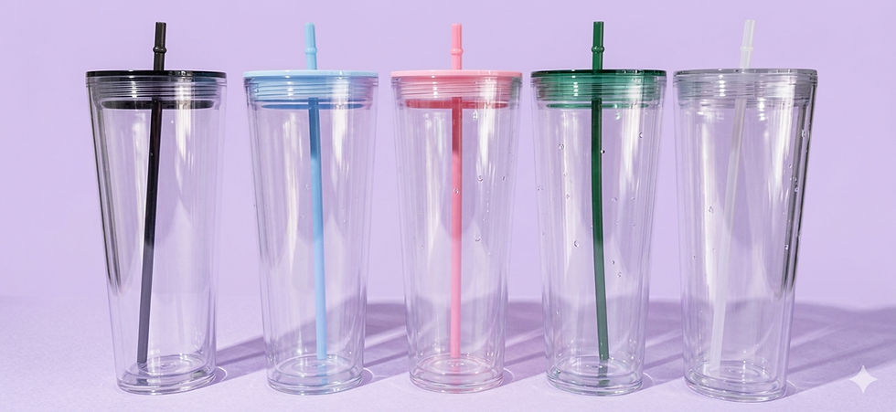 Five 24oz Snow Globe Tumblers with colorful lids and straws