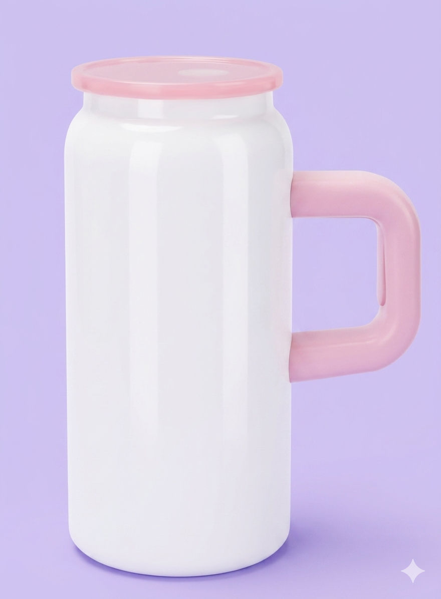 White 16oz kids stainless steel tumbler with pink handle