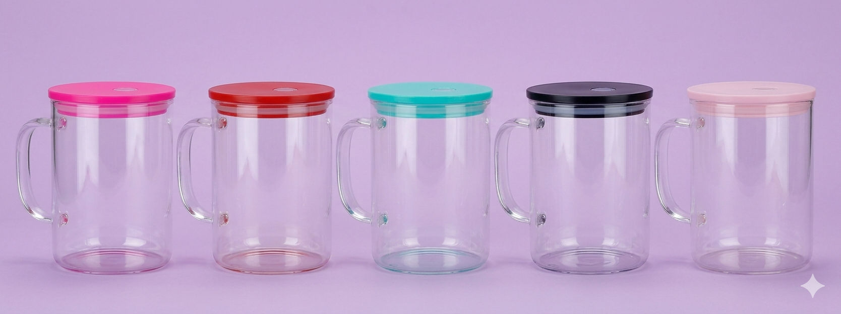 Five 17oz glass mugs with colorful lids on purple background