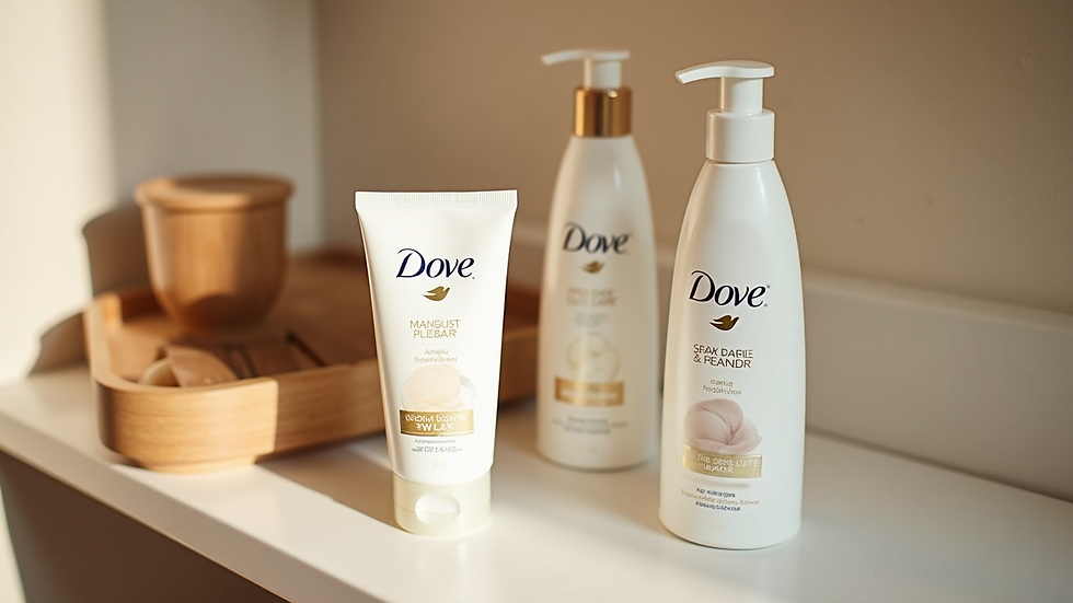 High angle view of Dove skincare products on a bathroom shelf