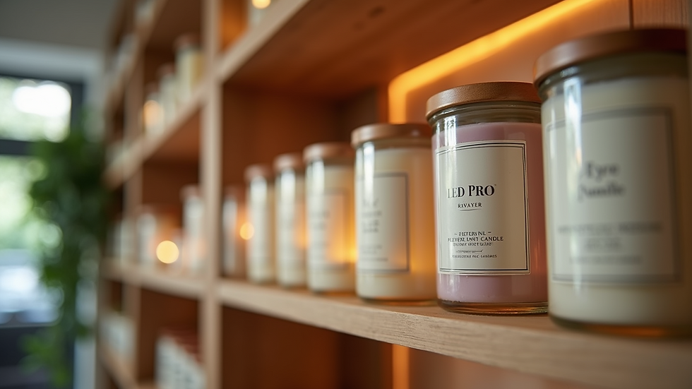 Eye-level view of a candle shop shelf with cruelty-free candles